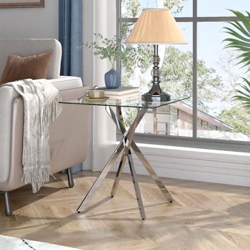Image of GOLDFAN Small Glass Table, Sofa Side Table with Silver Chrome Legs Modern Night Stand Side Tables Bedroom Square End Tables Living Room Home(SILVER)