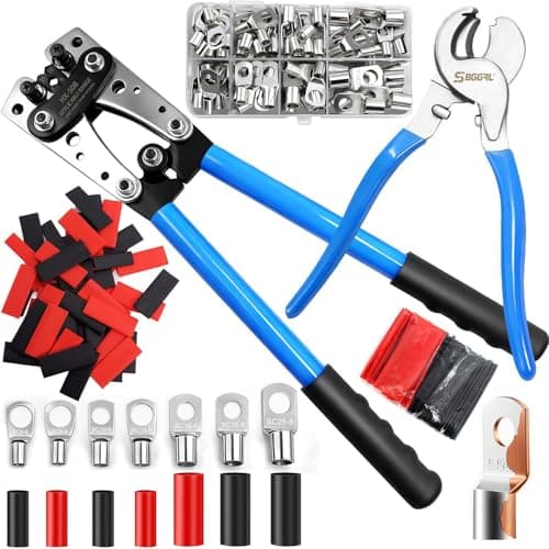Image of SBGGRL Battery Cable Lug Crimping Tool with Cutter, 80pcs Tinned Copper Ring Automotive Terminals & 100pcs Heat Shrink Tubing, 6/10/16/25/35/50 mm² Wire Gauge Heavy Duty Electrical Ratchet Crimper