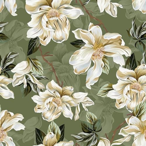 Image of ANHUIB Floral Wallpaper Self Adhesive Off White Flower Wall Paper Vintage Floral Contact Paper Peel and Stick Wallpaper Green(44x300cm) Flower Wall Decal Retro Wall Mural for Living Room Bedroom Decor