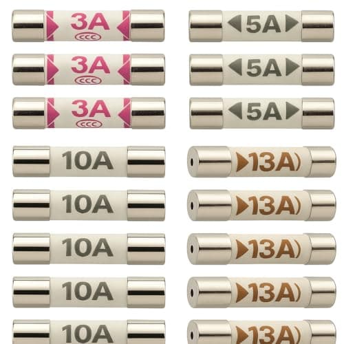 Image of 20x Mixed Household Electrical Fuses – Ceramic Cartridge Fuse Assortment Pack – Includes 3A, 5A, 10A, 13A – UK Standard Plug Top Fuses for Home & Appliances