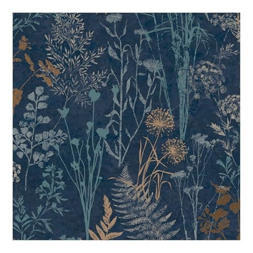 Image of Superfresco Easy Navy & Copper Metallic Organics Floral Wallpaper | Paste the Wall | Navy Floral | Eco-Friendly