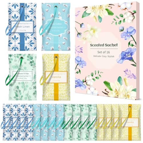 Image of DERDUFT Scented Sachets for Wardrobe & Drawer Use - 16 Pack Hanging Fragrance Aroma Bags in 4 Scents, Eucalyptus Sage, Vanilla, Cotton, Linen, Long-Lasting Natural Scent for Closet, Cupboard, Home