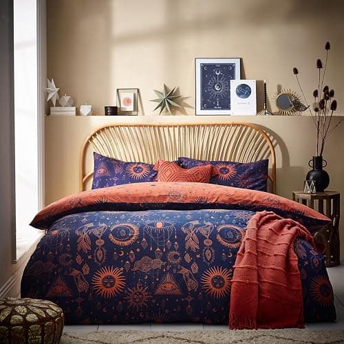 Image of furn. Constellation Duvet Cover Set – Celestial Galaxy Print with Stars & Moons, Reversible Polycotton Bedding (Bronze/Navy – King)