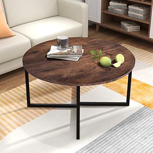 Image of BOFENG Round Coffee Table Tea Table End Table Sofa Table for Living Room with Metal Legs, Black+Brown oak