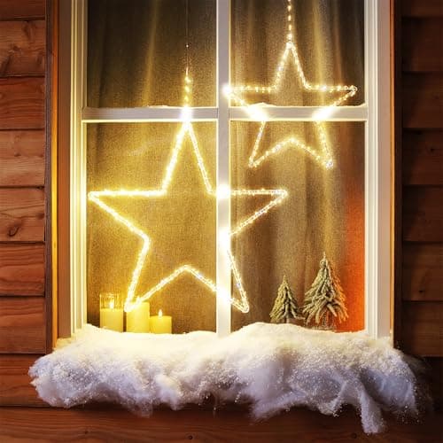 Image of Dawsons Living Christmas Snowflake or Star - Large Battery Operated 60cm Wall Decoration with 125 LED Lights - Multicolour, Cool White, Warm White - Indoor and Outdoor (Warm White, Star 60cm)