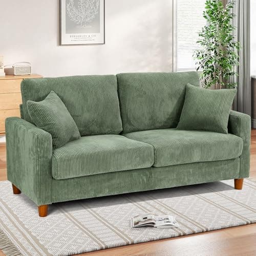 Image of TOTEBOX Corduroy 2-Seater Sofa Loveseat Couch Green, 178cm Comfy Love Seat with Fluffy Backrest, 2 Soft Pillows, Cushion Seat, Armrest, 2 Seater Sofas for Living Room, Office