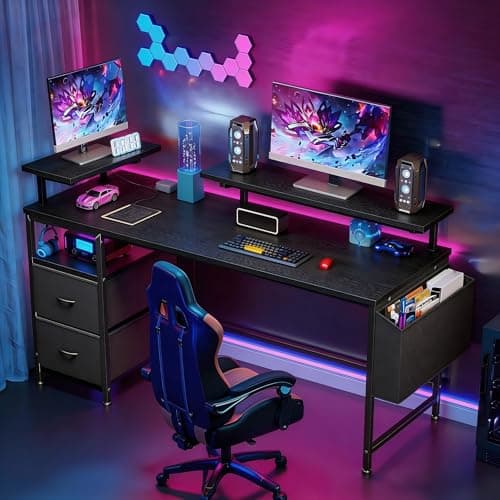 Image of Cliporix Gaming Desk with Drawers & Adjustable Monitor Stands – 120×48 cm Big Sturdy Computer Desk with Side Pocket & Headphone Hook, Reversible PC Gaming Table for Gamers Students, Black