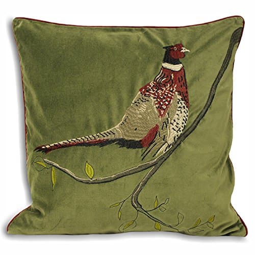 Image of Riva Home Hunter Velvet Cushion Cover – Embroidered Pheasant Country Design (Green – 45 x 45 cm)