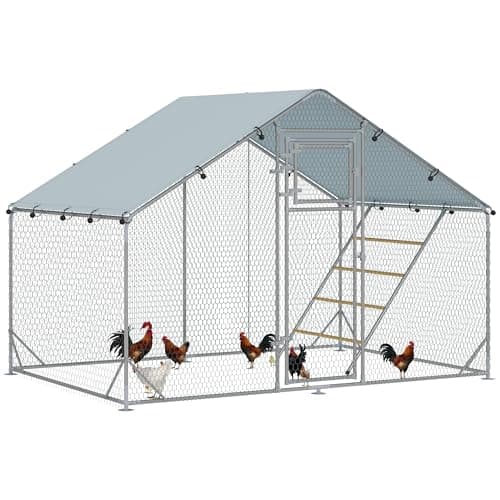 Image of PawHut Walk-in Chicken Run, Galvanised Chicken Coop with Water-Resistant and UV-Resistant Cover, Feeding Door, Hanging Feeder, Perch, Hen Poultry House, for 6-8 Ducks, Rabbits, Geese