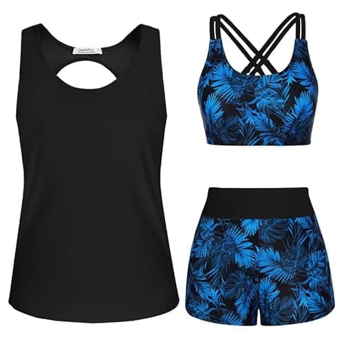 Image of JASAMBAC Tummy Control Swimwear,3 Piece Tankini Modest Swimsuit for Women Bikini Swimming Costume Tank Top with Bikini Top Swim Shorts