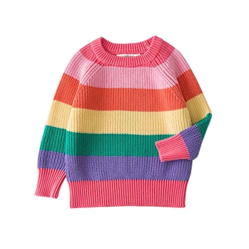 Image of ACVIP Baby Kids Rainbow Stripes Knitted Jumper Girls Long Sleeve Pullover Top Knitwear (Pink, 7 Years)
