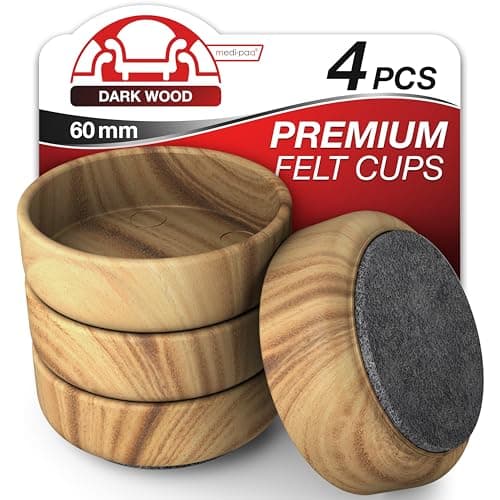 Image of Medipaq Felt Castor Cups – 4x Large 60mm Dark Wood Grain – Protects Wooden & Smooth Floors – Chair & Furniture Leg Protectors