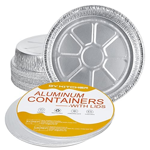 Image of BYKITCHEN Tin Foil Dishes, 9 Inch 20 Pack Sturdy Aluminium Flan Cases with Lids, Disposable Foil Pie Plates, Round Aluminium Trays for Baking Cake and Cooking