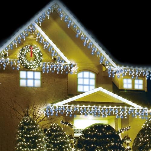 Image of AMOS Christmas Icicle Lights - 720 LED Lights Memory Function Timer 21.5 Meter Length - White & Blue