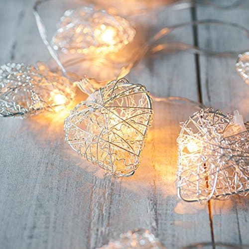 Image of Lights4fun 1.35m Silver Metal Mesh Heart Fairy String Lights – 10 Warm White Battery Operated LEDs with Timer on Clear Cable for Bedroom, Living Room, Office and Indoor Use