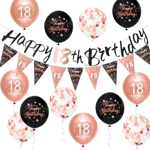 Image of Girls 18th Birthday Decorations Black Rose Gold 18th Birthday Party Decorations Banner Bunting Kit Girls by Sheinly