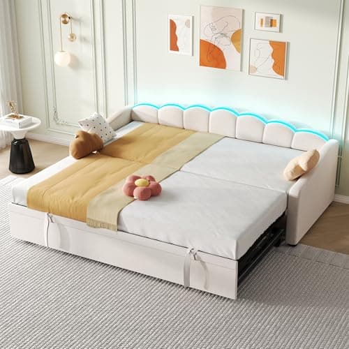 Image of ModernLuxe Pull Out Sofa Bed with RGB LED Lighting, 3FT Upholstered Single Day Bed with Trundle, Comfortable 2 Seater Sofa for Living Room, Bedroom or Study Room, Petal Shape, Velvet, Beige