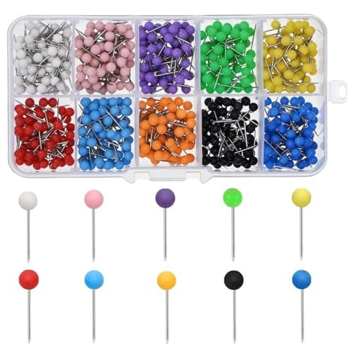 Image of 1000 Pcs Push Pins 10 Colors Round Head Drawing Pins Stainless Steel Cork Board Pins Sharp Points Notice Board Pins for Pinboard Cork Bulletin Boards World Map DIY in Home Office School Decor