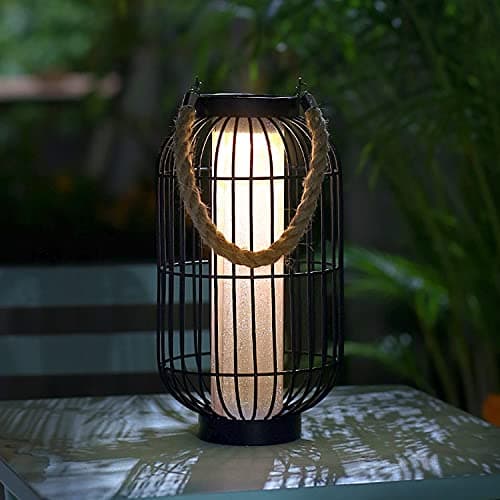 Image of pearlstar Large Solar Powered Lantern Outdoor-Heavy Duty Metal Hanging Lights Decorative Solar Table Lamp Waterproof for Outside Patio Yard Garden Porch Tabletop Decor (Black)