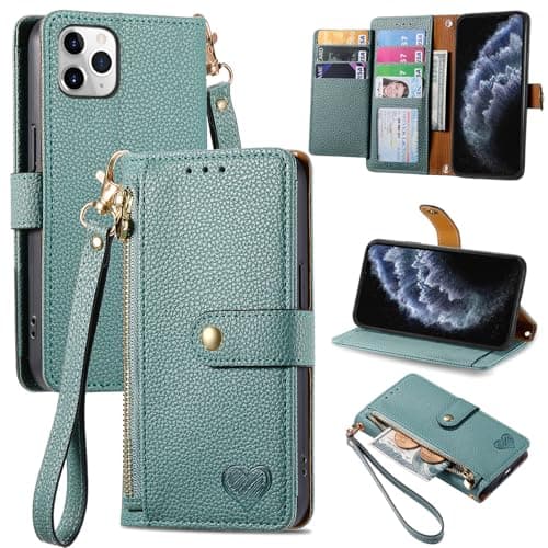 Image of VEEMOS Zipper Wallet Case for Apple iPhone 11 Pro Phone Case with Purse Card Holders RFID Blocking Leather Flip Case Book Cover Wrist Strap Women - Green