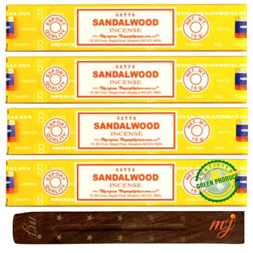 Image of Original Satya Nag Champa Sandalwood Incense Sticks | with M&J incense sticks holder | x4 pack | for Aromatherapy, Spa, Yoga, Weddings, Meditation, Healing, Positivity and Relaxation