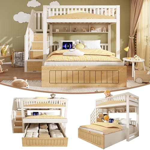 Image of Morada Nest Offset Bunk Beds with Hydraulic Storage, Staircase, USB Charging Ports, White and Natural, 243x196x165 cm, MDF Particle Board Plywood, Compatible with 90x190 cm Mattress