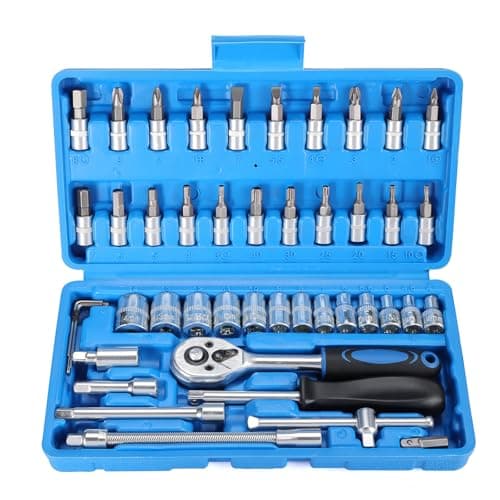 Image of Faankiton 46PCS Ratchet Socket Set 1/4" Drive Socket Wrench Set, Cr-V Metric Ratchet Wrench Tool with Extension Bar and 72 Teeth Reversible Ratchet Spanner for Auto Repair and Home Maintenance (Blue)
