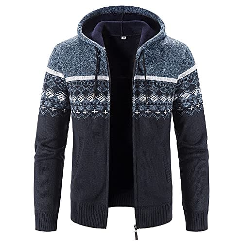 Image of Biutimarden Men's Knitted Autumn Winter Cardigan Zipper Hoodie Sweatshirt Jacket Fashion Jumper Down Jacket Coats (Navy Blue+Black, M)
