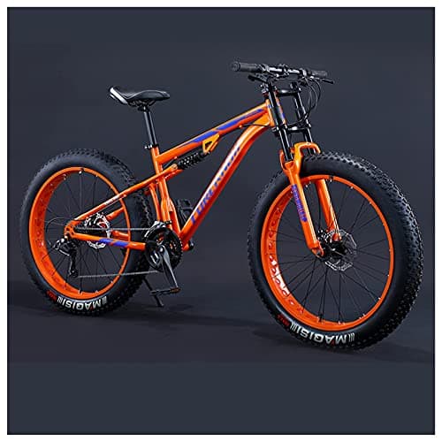 Image of REOTEL Mountain Bikes Men 26 Inch Adult Fat Tyre Mountain Bike with Full Suspension, High-carbon Steel Large Frame Dual Disc Brake Giant Bicycle,Orange Spoke,27 Speed