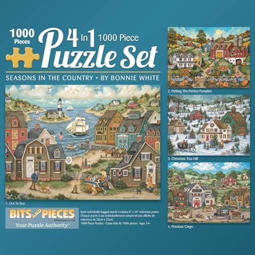 Image of Bits and Pieces – 4-in-1 Jigsaw Puzzle Multi-Pack for Adults – Seasons in The Country Collection by Bonnie White – Unique Random Die-Cut Pieces (Four 1000 Piece Puzzles 20" x 27")