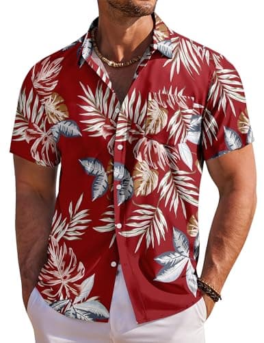 Image of COOFANDY Men's Hawaiian Shirts Short Sleeve Summer Shirts for Men Tropical Holiday Beach Shirt with Front Pocket Red Tropical Leaf S