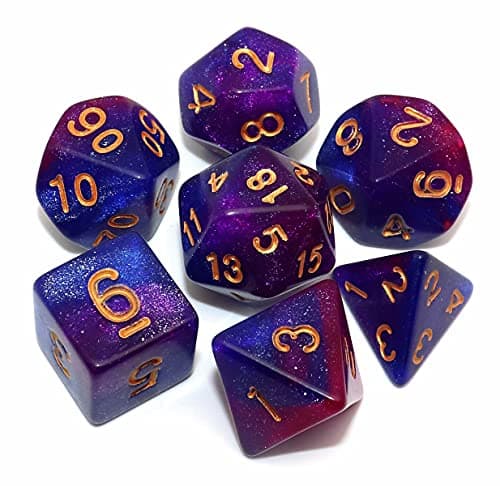Image of CREEBUY Polyhedral Dice Set for Dungeons and Dragons, Blue and Purple, Gradient Glitter Set of 7 Dice for Role Playing Games