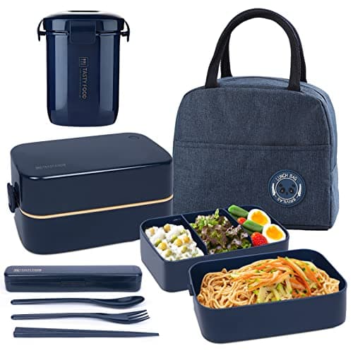 Image of UHAPEER 2 Tier Lunch Box Bento Box with Lunch Bag | Cutlery, Bento Lunch Boxes with Adjustable Compartments for Adults and Kids, Portable Leakproof Food Container Lunchbox for Work and School