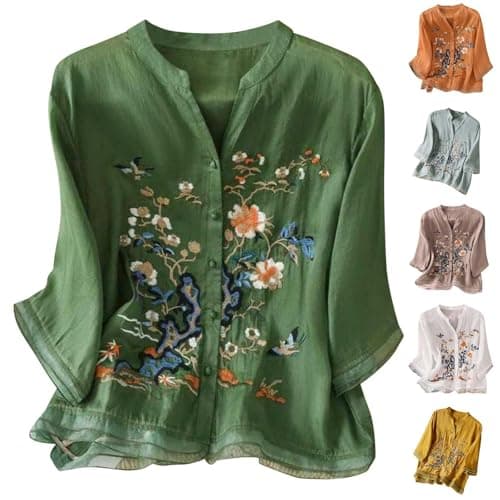 Image of Cotton Linen Embroidered Shirt for Women UK Vintage Elegant Chinese-Style Shirts Floral Embroidery Blouses Summer 3/4 Sleeve Bohemian Tees Dressy Casual Boho Tops Y2k Streetwear Green