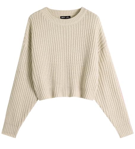 Image of Ckikiou Spring Fall Crew Neck Batwing Cropped Sweater for Women Lightweight Soft Knitted Semi Short Pullover Jumper, Apricot, L