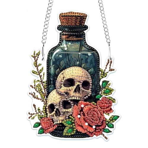 Image of MOGTAA Skull Halloween Diamond Art Hanging Ornaments with Chain, Flowers Landscape Diamond Painting Kits for Adults Kids, Crystal Rhinestones Diamond Painting Animal Gem Art for Home Decor Gift