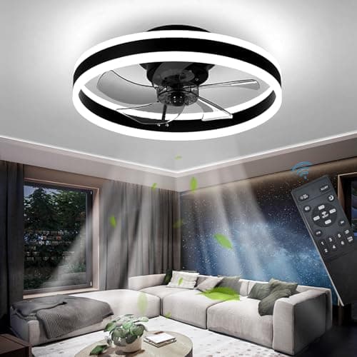 Image of OMGPFR LED Ceiling Fan with Lights, Reversible Remote, 6 Speeds Modern Bedroom Fan Light, Quiet Dimmable Small Ceiling Light for Living Room, Black 50CM