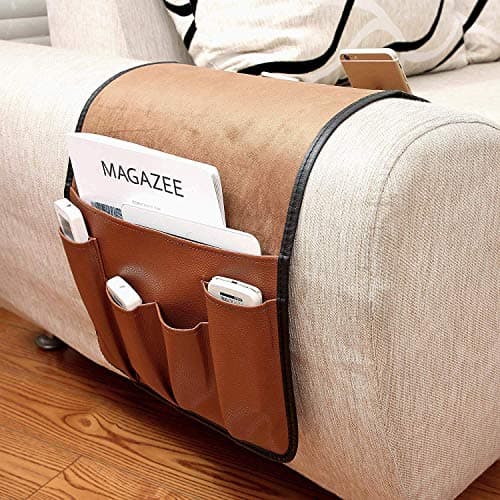 Image of No-slip Leather Sofa Couch Remote Control Holder Chair Armrest Caddy Pocket Organizer Storage Bag for Cellphone Tablet Notepad Magazines Glassess Holder Pouch (#A1-coffee (Leather + Suede Fabric))