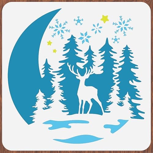 Image of INFUNLY Christmas Theme Wall Stencils Pine Deer Large Stencils for Painting 11.8x11.8 Moon Tile Stencil Snowflake Reusable Stencils for Crafts for Painting on Wood Paper Canvas Furniture Xmas Decor