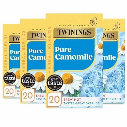 Image of Twinings Pure Camomile Flavoured Tea - 80 BiodegradableTea Bags (Multipack of 4 x 20 Bags) | Caffeine and Sugar Free Herbal Vegan Tea | Soothing and Calming Beverage