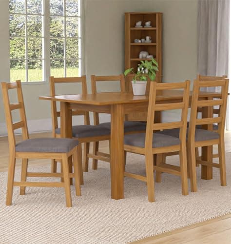Image of Hallowood Furniture Camberley Oak Extendable Dining Table and Chairs Set 6, Rectangular Butterfly Table and Chairs in Ladder Back Design and Light Grey Fabric Seats, Ideal for Home and Café