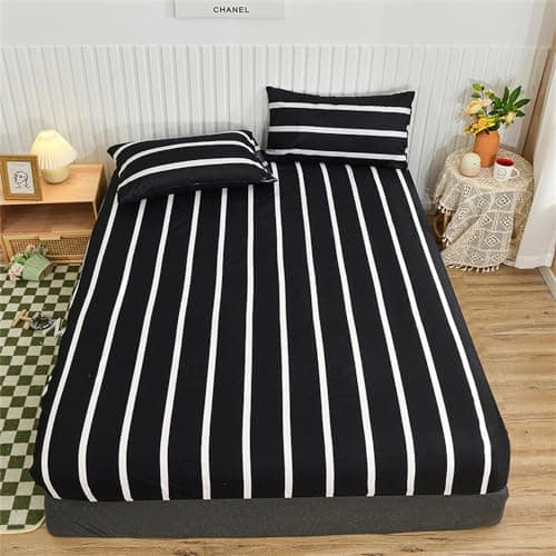 Image of Mateju Fitted Sheets for Single Double King Size Bed Modern Black Series Printed Microfiber Fitted Bed Sheets Soft Breathable Fade Resistant with Deep Pocket 25 cm (White Stripes,King)