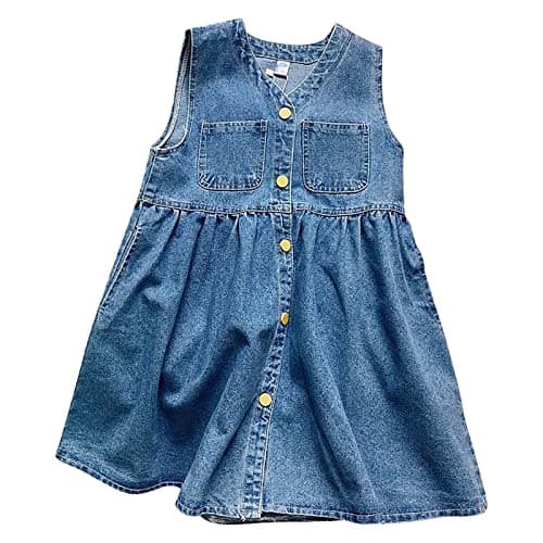 Image of Kids Girls Denim Dress Sleeveless Buttons V Neck Ruffles Flowy Dresses Baby Girls Summer Casual Swing Jeans Skirts Clothes Short Cute Lightweight Comfy Ruched Clothes (A, 4-5 Years)