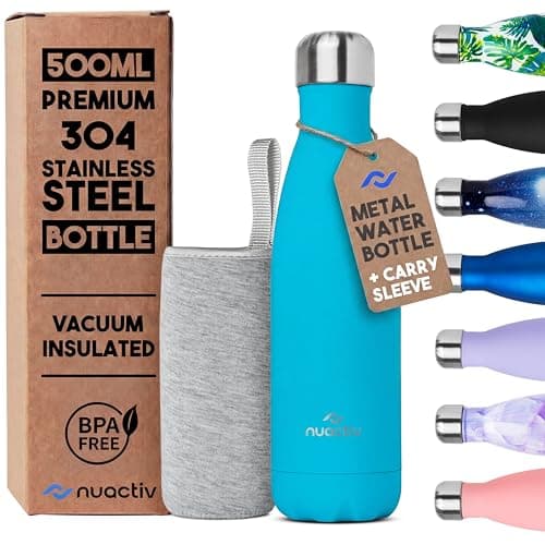 Image of Nuactiv Stainless Steel Water Bottle 500ml, Vacuum Insulated Metal Flask, Leakproof, BPA Free, Reusable Sports Flask, Keeps Drinks Cold 24h & Hot 12h, for Gym, Travel, Work & School