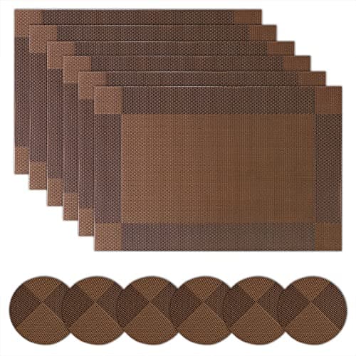 Image of Miorkly Placemats and Coasters Set of 6, Heat Resistant/Washable/Non Slip PVC, Woven Vinyl, 45CM x 30CM (Dark Brown) - Christmas Table Mats