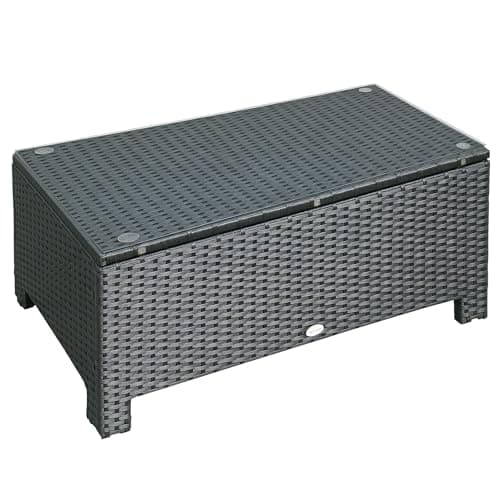 Image of Outsunny PE Rattan Coffee Table, Rectangular Outdoor Coffee Table with Tempered Glass Top, 70 KG Capacity for Garden, Balcony, Terrace, Patio, Black