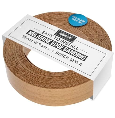 Image of WoodPress® 22mm Beech Wood Style Laminate Melamine Edging, Pre-Glued Veneer Tape – 7.5m Roll - Iron-On for Easy DIY Application – Will Cover the Edge of a Standard MDF Panel