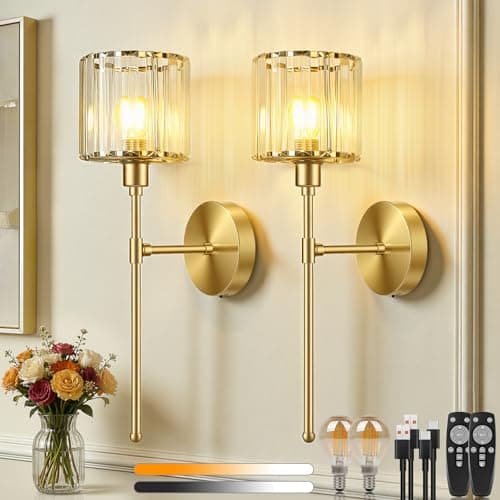 Image of Dehobo Rechargeable Wall Lights with Crystal Lampshade 2 Packs, Battery Operated Wall Lights 3 Color Temperature with Light Bulbs, Gold Wall Lights Dimmable with Remote Control for Bedroom Living Room