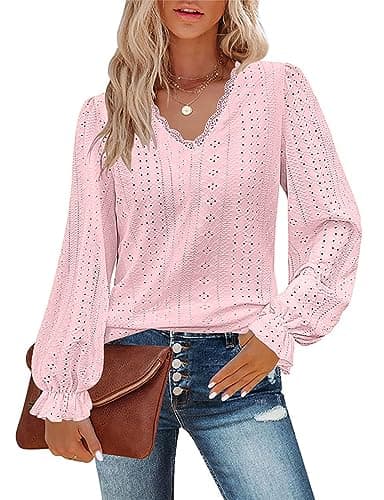 Image of Flikity Womens Lace Tops, Lace V Neck Puff Long Sleeve Eyelet Tops Casual Work Ladies Blouses Office Daily Wear Basic Shirts Trendy Elegant Spring Summer Fall Clothing Light Pink M