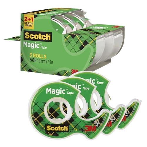 Image of Scotch Magic Tape, Promo Pack, 2 Rolls on Handheld Dispenser + 1 FREE, 19 mm x 7.5 m - General Purpose Sticky Tape for Document Repair, Labelling & Sealing